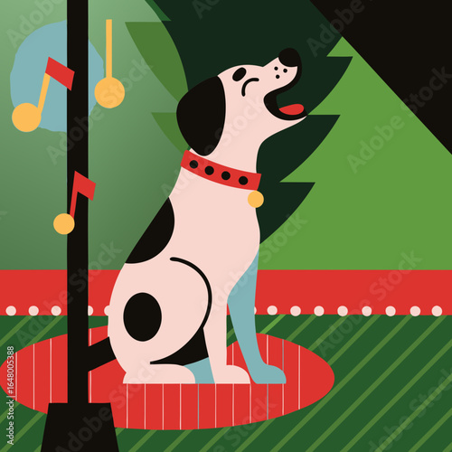 Happy dog sings joyfully, Christmas scene.

