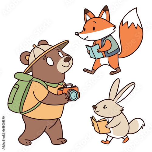 Charming globe trotting animals featuring a bear with a backpack and a playful dog exploring the world with vibrant colors and clear typography