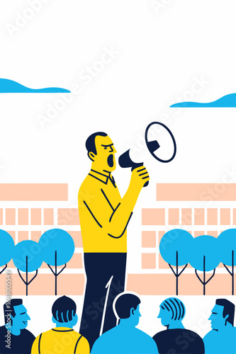 Man with megaphone addresses a crowd, a protest scene.
