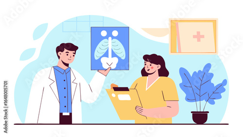 Doctors reviewing X-ray and medical records.
