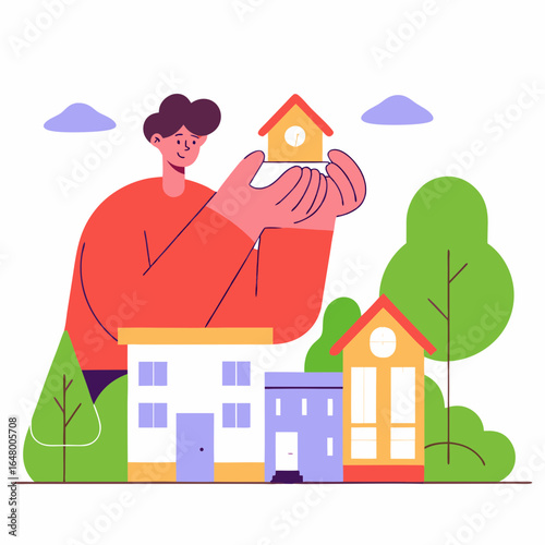 Man holds a house model, community housing concept.
