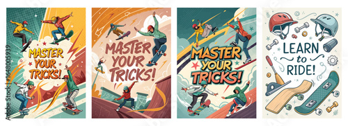 Dynamic illustrations of diverse athletes showcasing skateboarding and snowboarding tricks in vibrant colors.