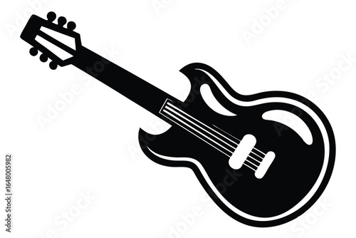 Silhouette of Electric Guitar Headstock, Strings, and Body Outlined in Black and White Style