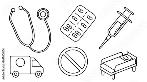 "Minimal vector healthcare symbols, clean thin line icons, stethoscope, thermometer, pill capsule, syringe, ambulance, cross, heart monitor, blood test vial, telehealth symbol, hospital bed, modern pi