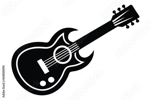 Black Acoustic Guitar Illustration with Unique Body and Sound Hole Design Graphic