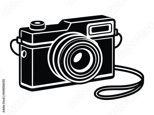 Monochrome Illustration of a Point and Shoot Camera with Detailed Lens and Convenient Wrist Strap, Simple Black and White Design