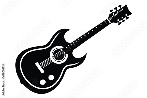 Black Acoustic Guitar Illustration Musical Instrument with Strings, Sound Hole, and Headstock Details