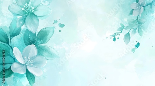 Mint Green Watercolor Background with Delicate Floral Composition Inspired by Ethereal Spring Motifs