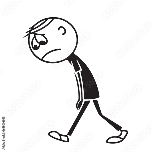 Sad stick figure walking slowly with drooping head and slumped shoulders isolated on transparent background
