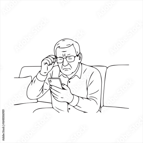 Man with glasses struggling to see phone screen senior vision challenges poor eyesight

