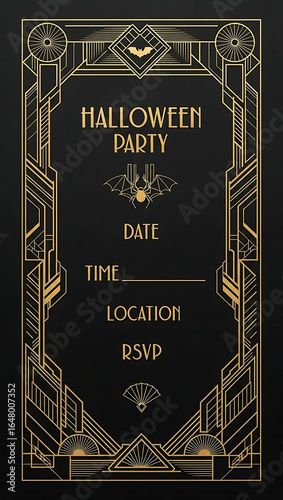 Elegant Art Deco Halloween Party Invitation Template with Gold Geometric Details and Bat Silhouette