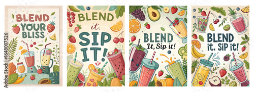 Colorful smoothie illustrations featuring fruits and drinks, promoting a fresh and vibrant lifestyle.