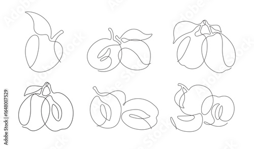 Single-line doodle plum clip art vector set