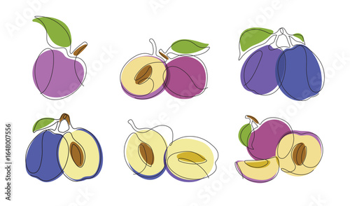 A colorful vector doodle clip art of plums in a minimalist, single-line style.