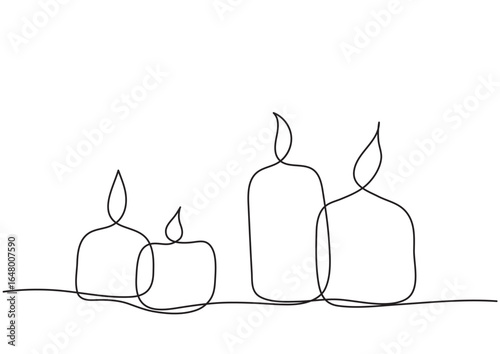 Four graphic candles drawn in a single black line in vector