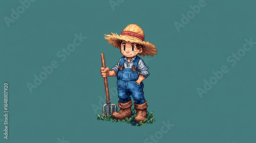 Cute retro 16-bit pixel art, top-down farming game style, vibrant colors, soft shading, clean outlines, in the style of classic 16-bit farming simulation games, male farmer with st