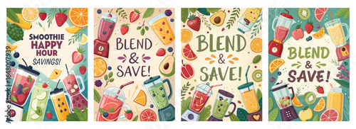 Vibrant smoothie promotion posters featuring colorful fruits and blenders, inviting savings and fun in every blend.