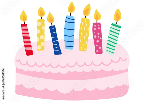 pink strawberry birthday cake with seven colorful candles