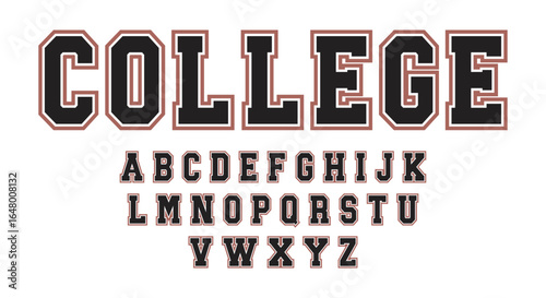 College classic font. Vintage sports font in American style for T-shirt designs for football, baseball, and basketball teams. College, school and varsity style font, tackle twill. Vector