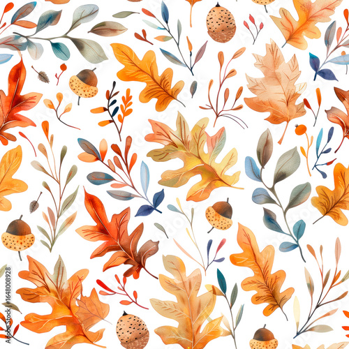 Autumn Oak Leaves and Acorns Seamless Pattern – Watercolor Design