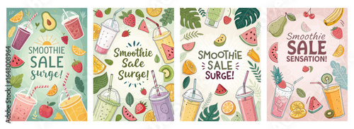 Colorful illustrations of smoothie sale promotions featuring fruits and drinks.