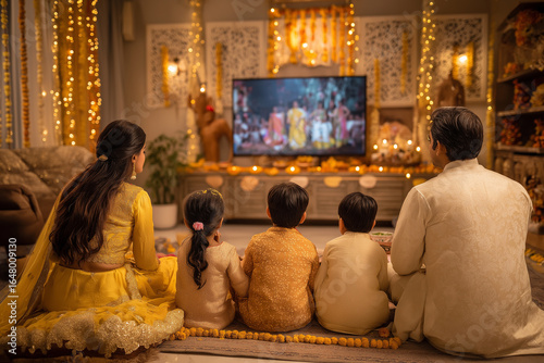 Indian family watching Ramleela at home during Dussehra celebration