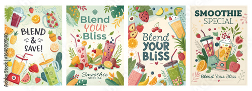Colorful smoothie advertisements featuring fresh ingredients and vibrant designs for a refreshing blend experience.