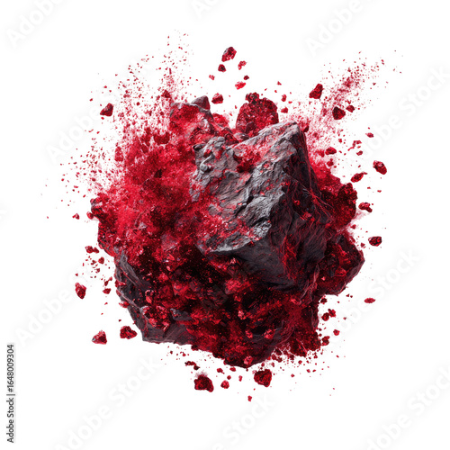 Mysterious rock exploding with vibrant crimson energy, radiating outward