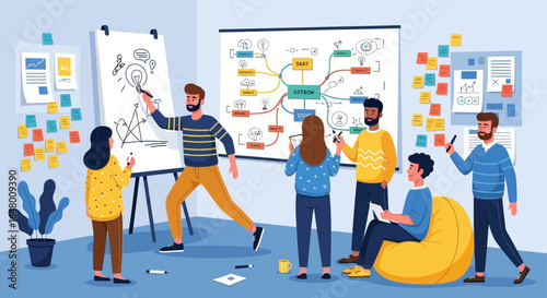 Creative collaborative brainstorm session with diverse team developing solutions