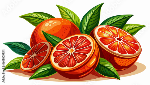 Fresh blood oranges display vibrant color and lush green leaves, their sliced halves revealing a juicy interior, set gracefully against a clean background, radiating freshness, elegance, and natural 