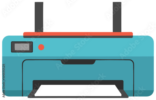 Printer vector illustration in flat design style showing a blue modern printing device with paper tray and control panel for technology, office, and business related creative projects
