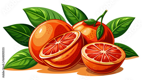 Fresh blood oranges display vibrant color and lush green leaves, their sliced halves revealing a juicy interior, set gracefully against a clean background, radiating freshness, elegance, and natural 