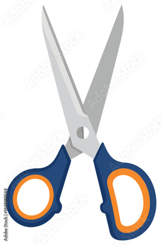 Scissors vector illustration in flat style with silver blades and blue handles accented by orange grips for office, school, crafting, and sewing purposes