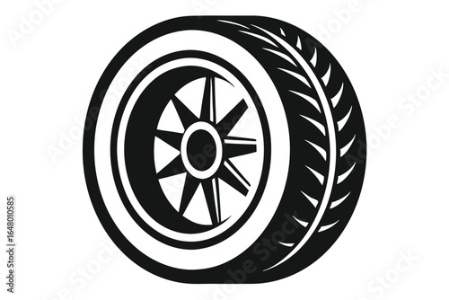 Black and White Illustration of a Tire with StarShaped Rim Design and Tread Marks