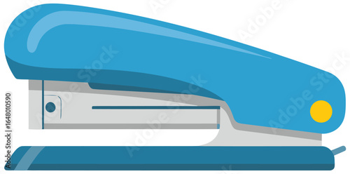 Stapler vector illustration in flat style with a vibrant blue top and metallic base depicted as a practical office tool for binding paper sheets in workspaces, classrooms, or home offices