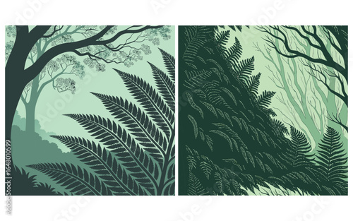 Enchanting forest scenes with ferns and misty sunlight filtering through trees illustration