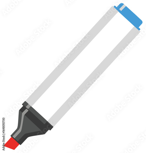 Red chisel tip marker pen vector illustration featuring a bold red nib black grip section long white barrel and blue cap in a clean minimal style ideal for office school and creative art design themes