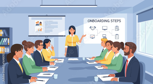 Engaging corporate onboarding session for new employees in modern office