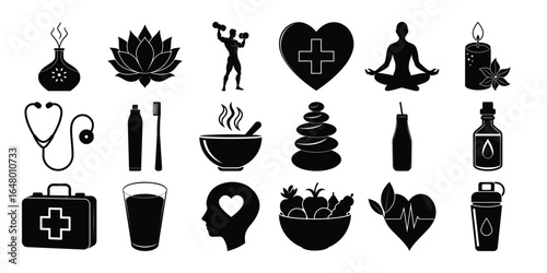 Vector illustration collection of wellness concepts including yoga meditation spa therapy healthy lifestyle fitness nutrition relaxation self care mental health and holistic balance for body and mind.