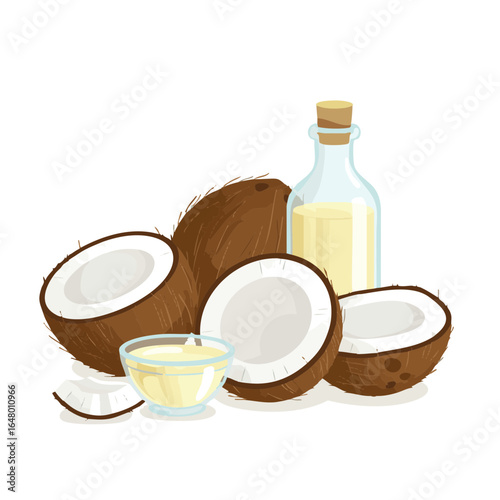 Vector illustration of coconut halves and oil on white background, tropical theme 