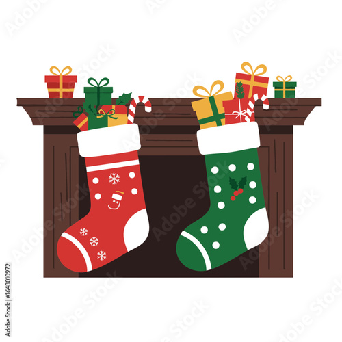 Vector illustration of christmas socks on mantel on white background, holiday theme
