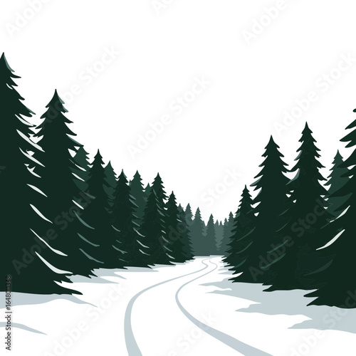Vector illustration of snow trail in forest on white background