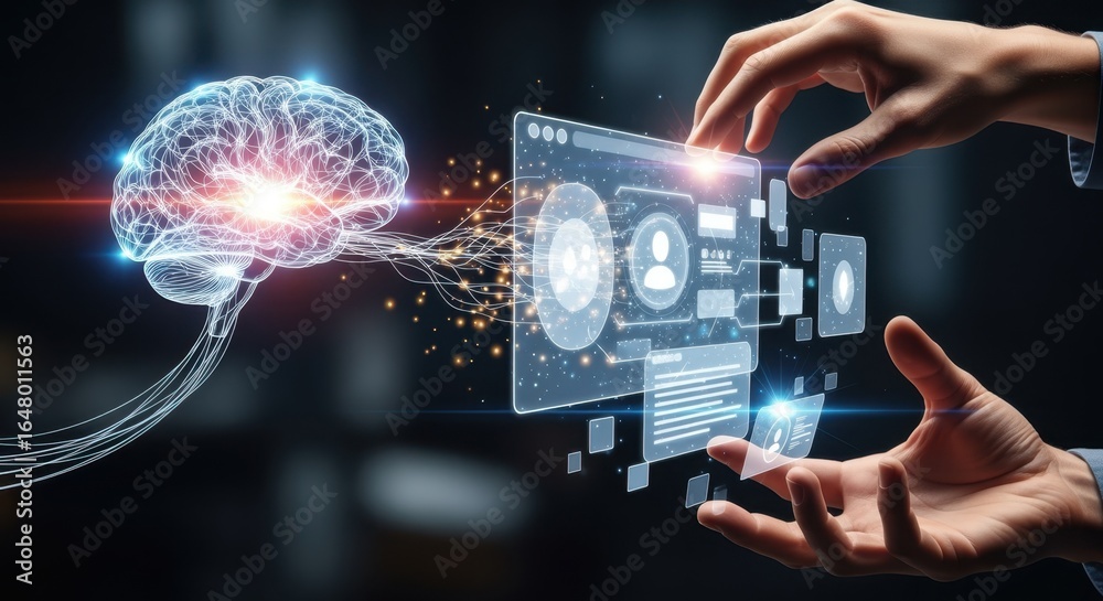 Fototapeta premium A symbolic illustration of artificial intelligence and human hands shaping or dismantling the user experience interface highlighting the impact of human decisions on technology's