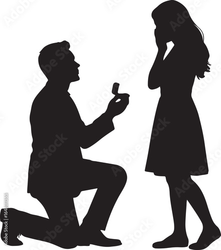 Man proposing marriage on one knee to woman covering her mouth in surprise proposal engagement