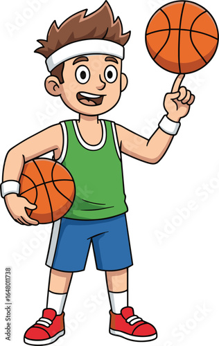 Cartoon Basketball Player Spinning Ball—Green Tank Top, Blue Shorts, Red Sneakers, and White Headband for Sports, Fun, and Youth Themes