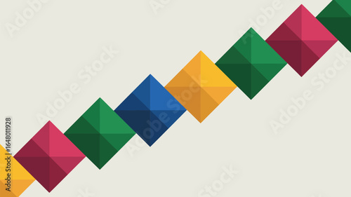 A diagonal row of colorful diamond shapes against a light background creating a geometric pattern art