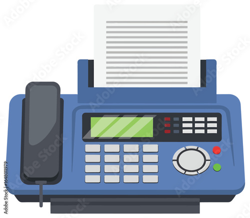 Fax machine illustration with handset, keypad, and paper in clean flat vector style for office business communication and workplace equipment design themes