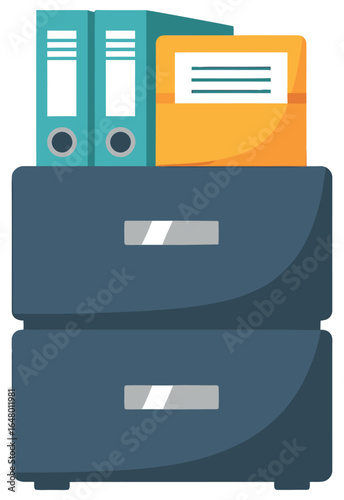 File cabinet illustration with two drawers and binders in clean flat vector style for office business organization and workplace document storage themes
