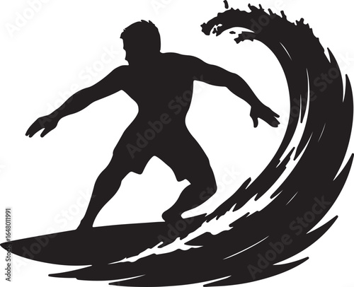 Black silhouette of a surfer riding a wave surfing ocean