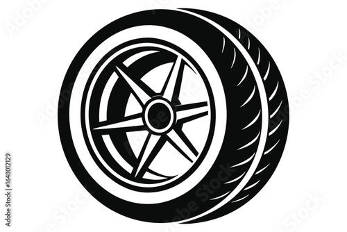 Black and White Car Wheel with Star Shaped Rim and Radial Tire Tread